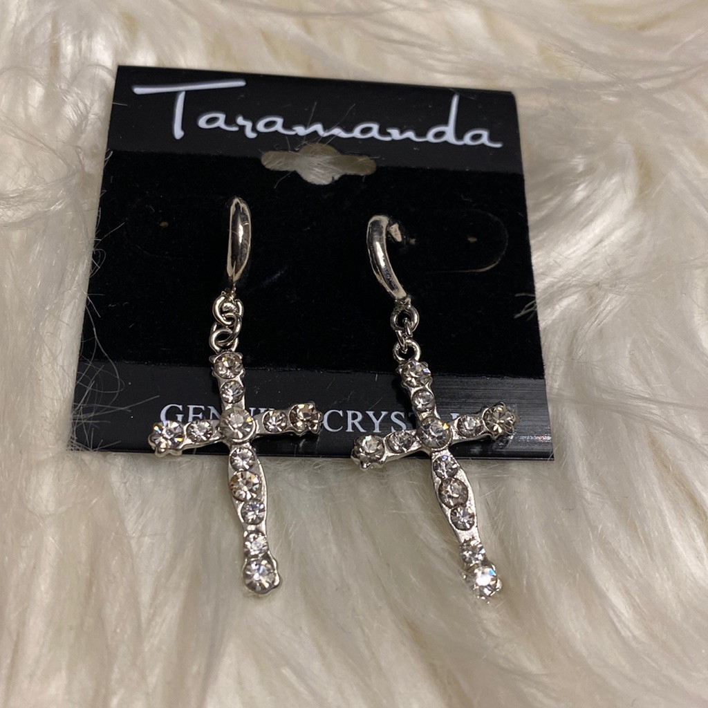 Taramanda Silver Genuine Crystal Pierced Crucifix Cross Earrings